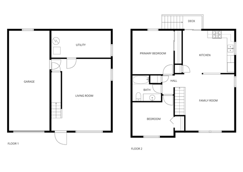 A black and white image of two floor plans for a house.